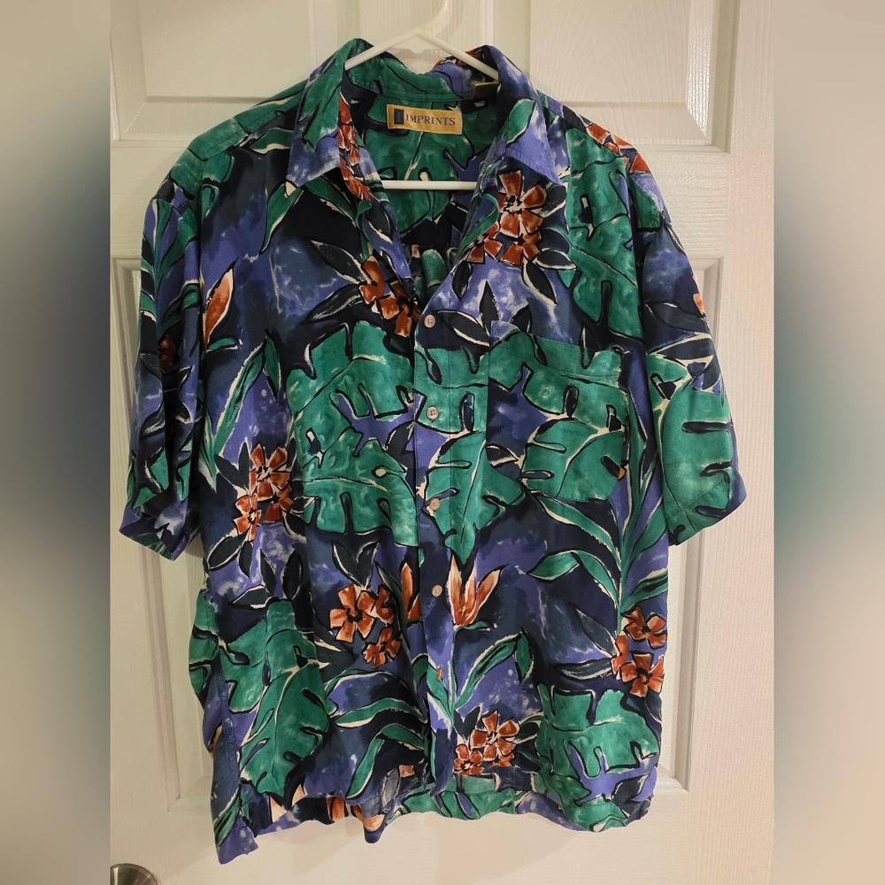 Green and Blue Casual Button Down Shirt with Tropical Print